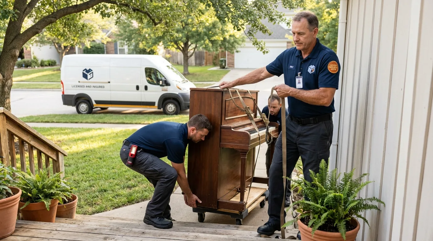 Licensed piano movers securing grand piano in Dryden, NY