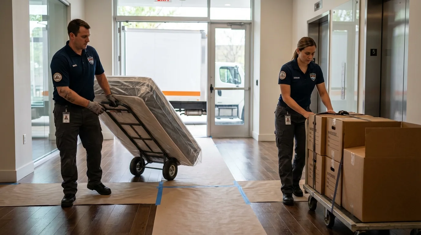 Professional apartment movers loading elevator in Dryden, NY