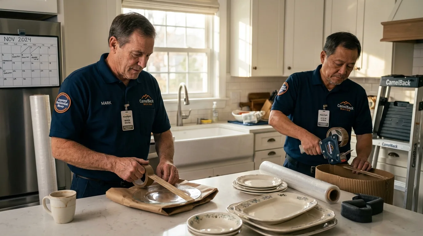 Professional crew packing kitchen dishware in Dryden, NY